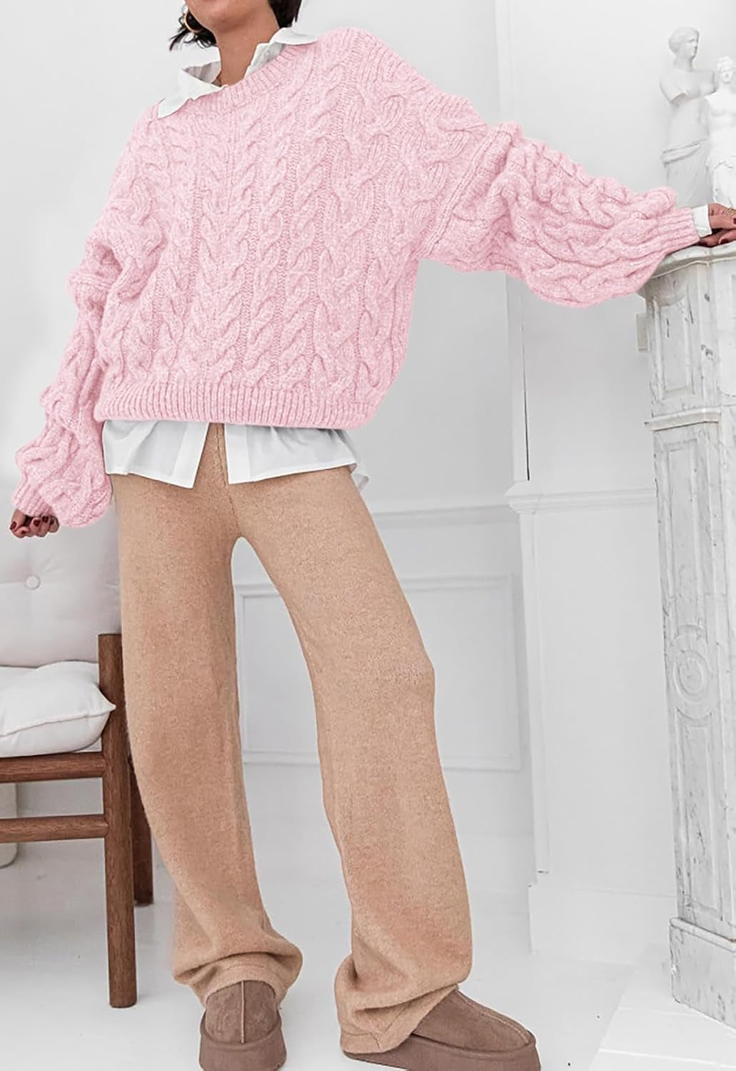 Womens Sweaters Fall 2026 Cable Knit Long Sleeve Crewneck Oversized Sweater Chunky Pullover Loose Outfits