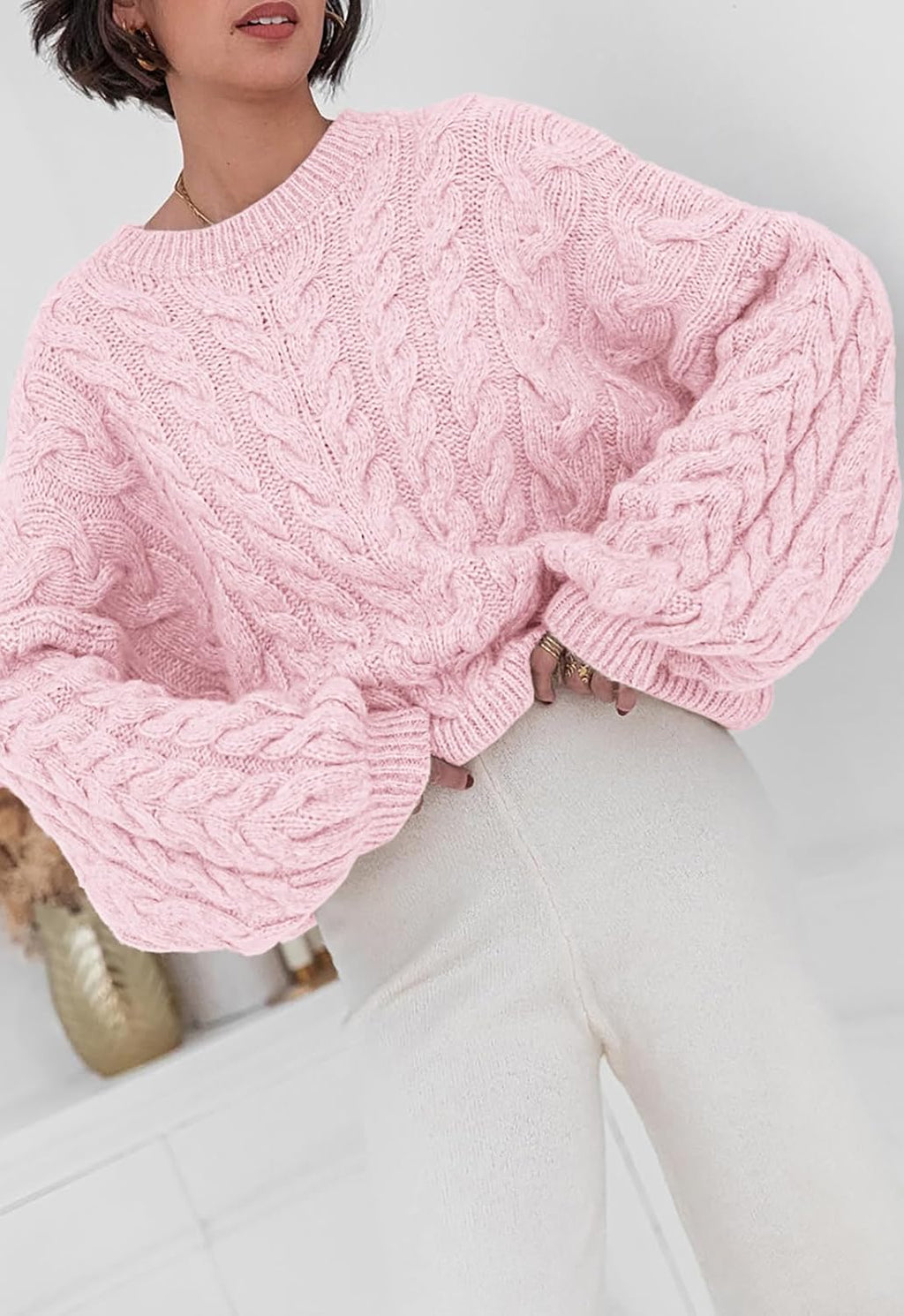 Womens Sweaters Fall 2026 Cable Knit Long Sleeve Crewneck Oversized Sweater Chunky Pullover Loose Outfits