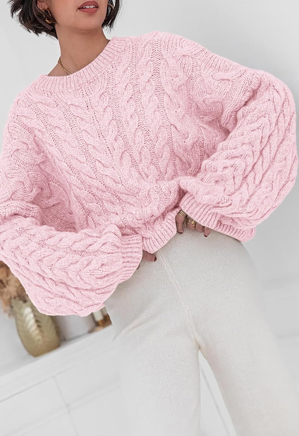 Womens Sweaters Fall 2026 Cable Knit Long Sleeve Crewneck Oversized Sweater Chunky Pullover Loose Outfits