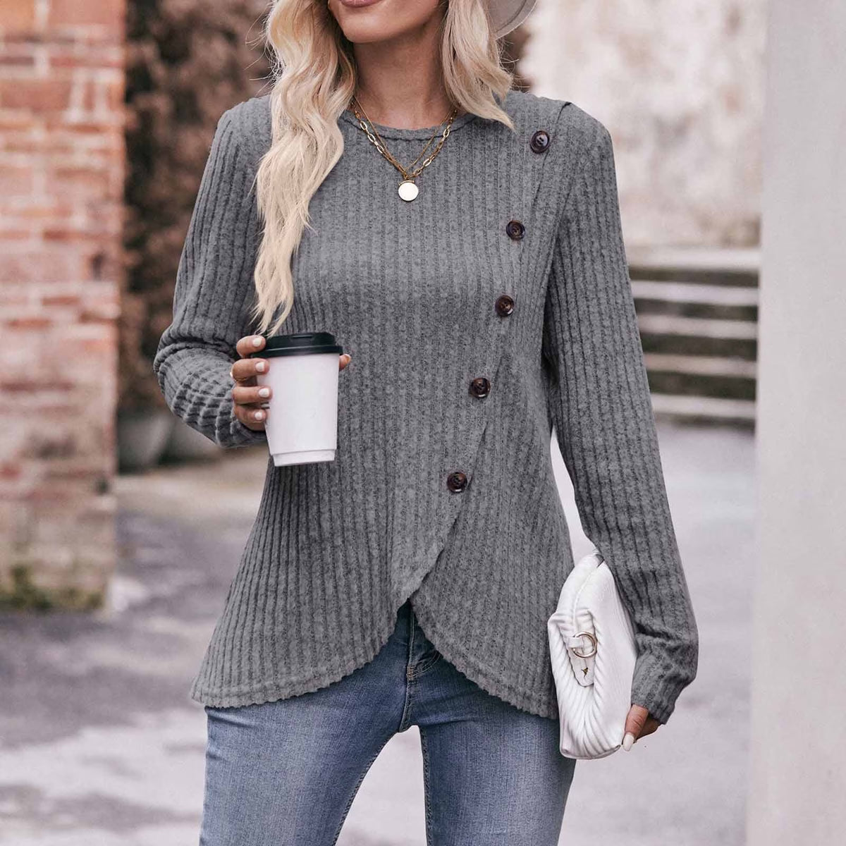 Long Sleeve Shirts for Women Knit round Neck Button Dressy Solid Color Sweater Blouse Autumn Lightweight Casual Tunic Tops Gray XL
