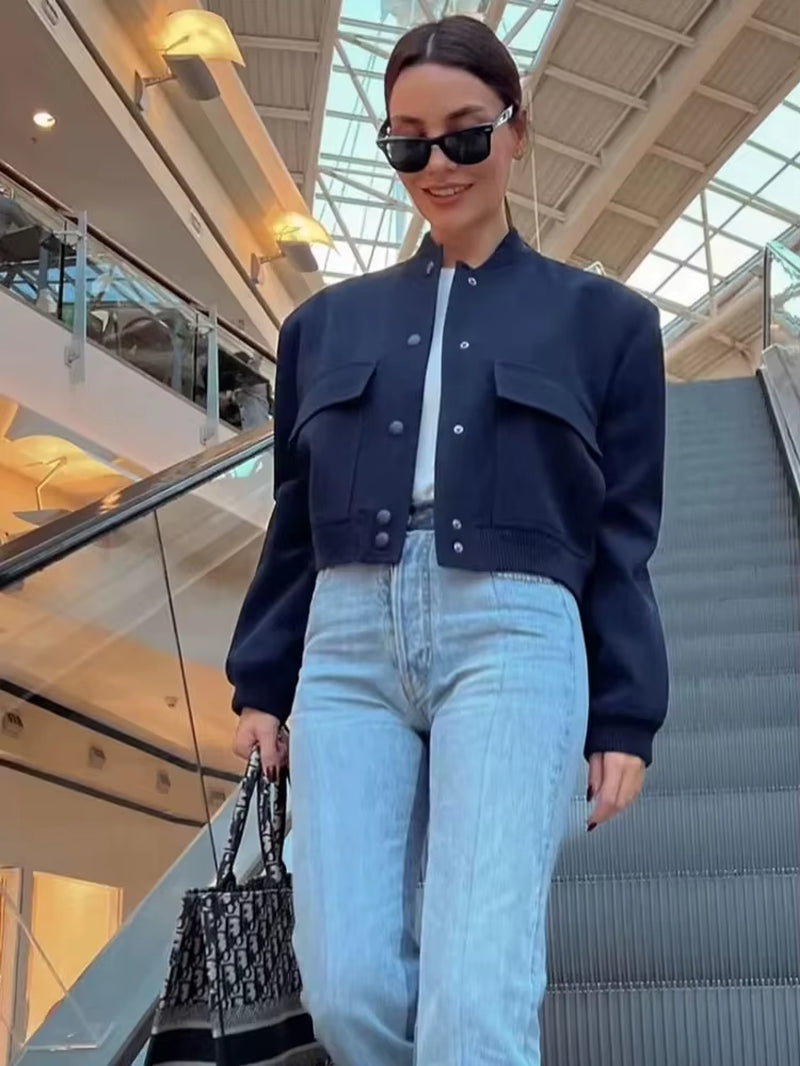 2025 Woman Bomber Jacket White Autumn Winter Button Cropped Jackets for Women Fashion Long Sleeve Women Coats Outerwears