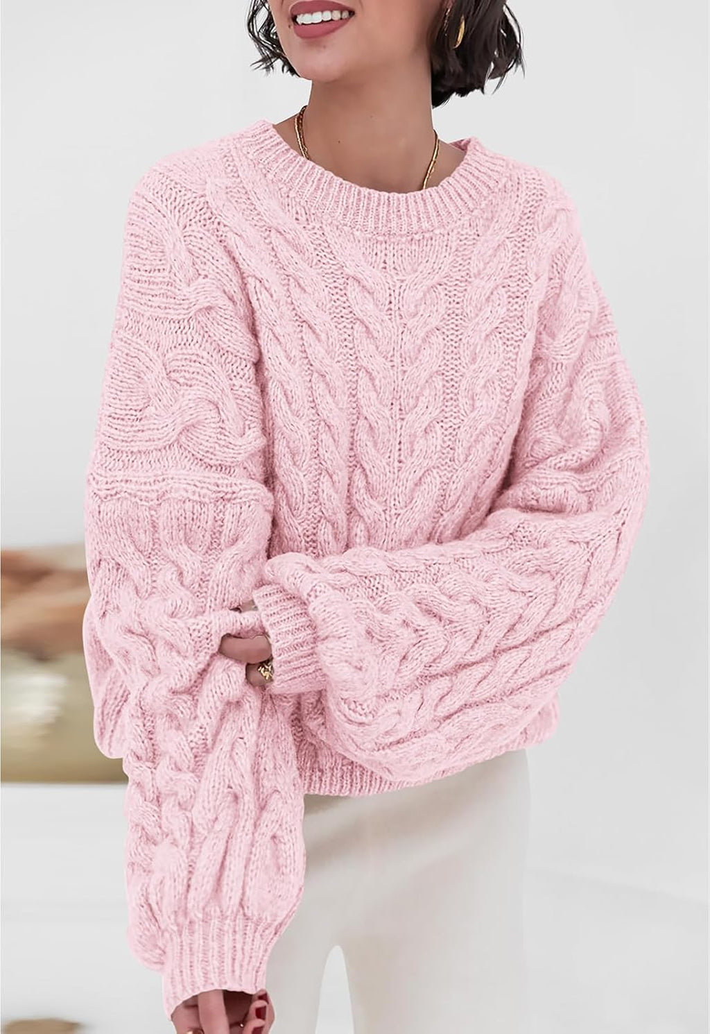 Womens Sweaters Fall 2026 Cable Knit Long Sleeve Crewneck Oversized Sweater Chunky Pullover Loose Outfits