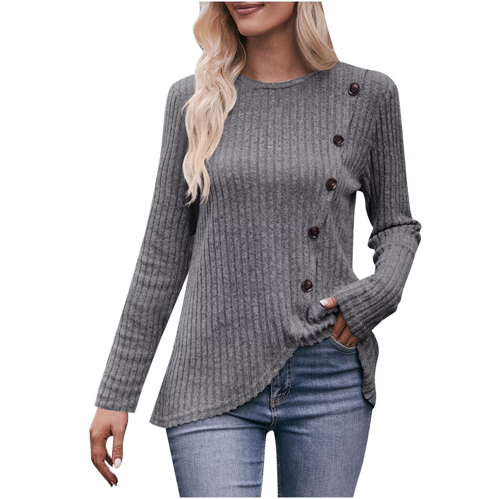 Long Sleeve Shirts for Women Knit round Neck Button Dressy Solid Color Sweater Blouse Autumn Lightweight Casual Tunic Tops Gray XL