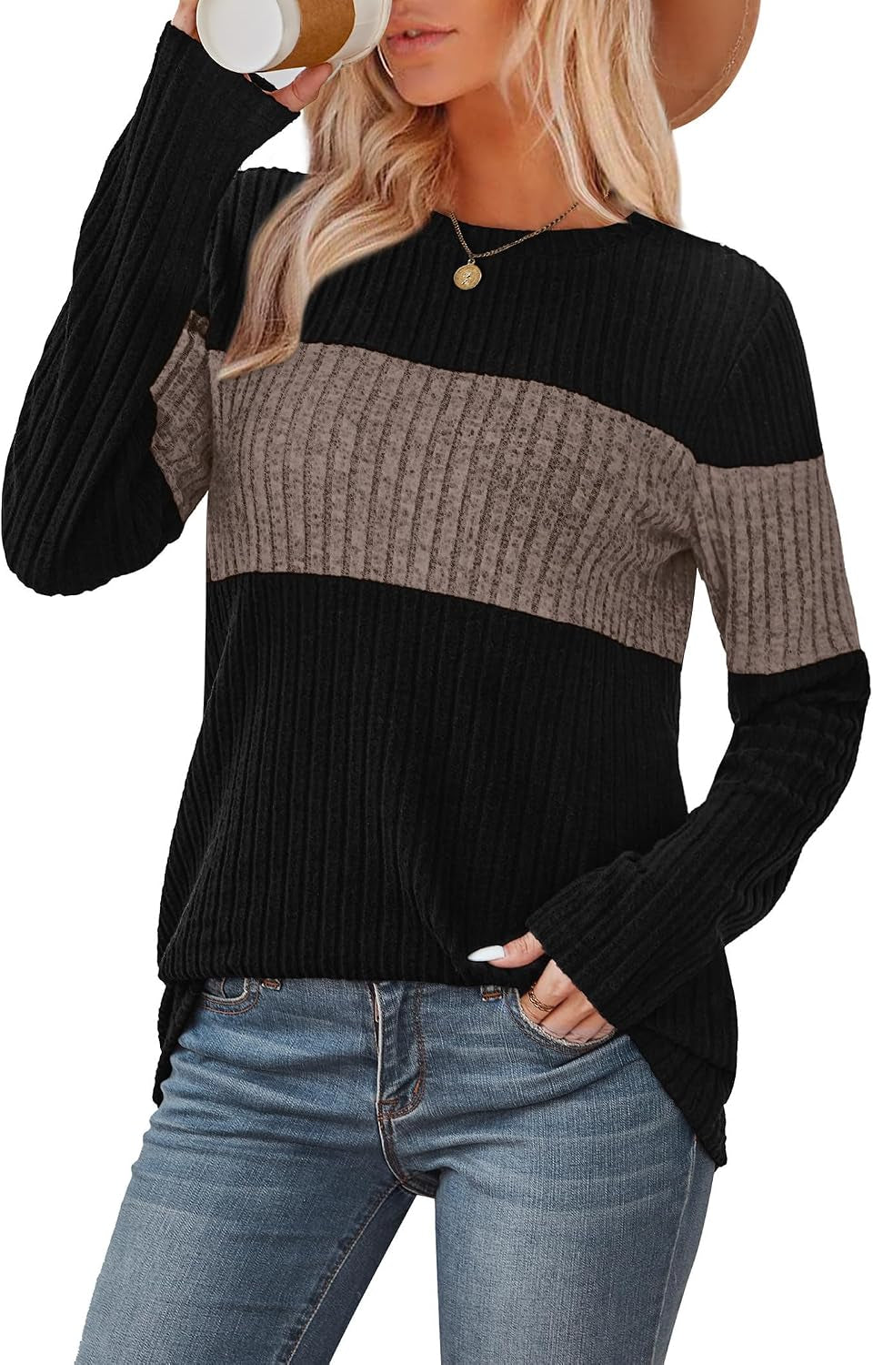 Womens Sweaters Trendy Color Block Tops Long Sleeve Shirts Fall Outfits Early Fall Fashion 2026 Winter Clothing