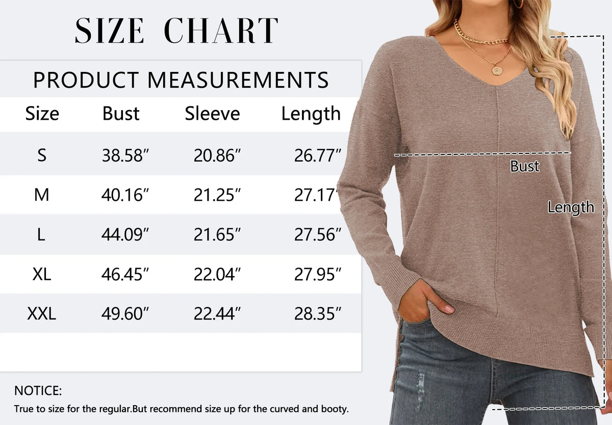 V Neck Sweaters for Women Fall Lightweight Knit Pullover Sweater Side Slits Tops