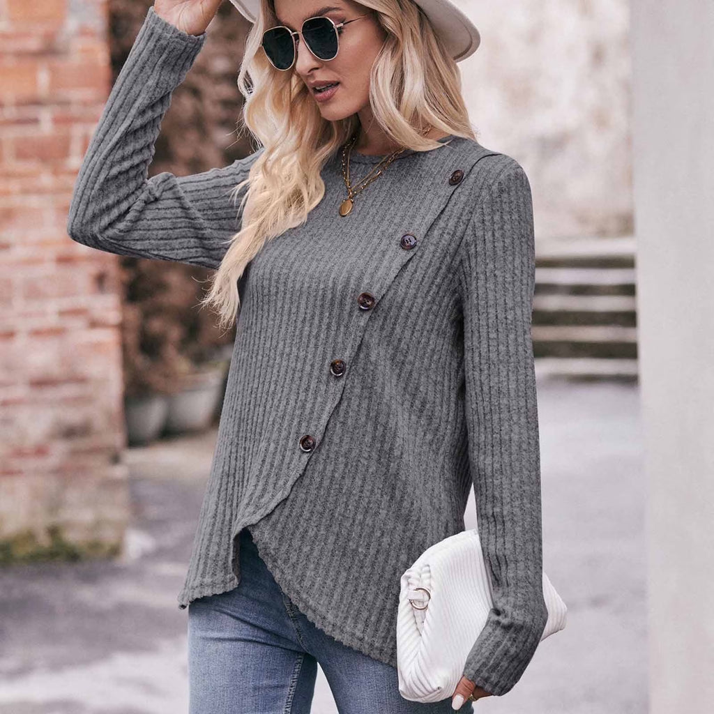 Long Sleeve Shirts for Women Knit round Neck Button Dressy Solid Color Sweater Blouse Autumn Lightweight Casual Tunic Tops Gray XL