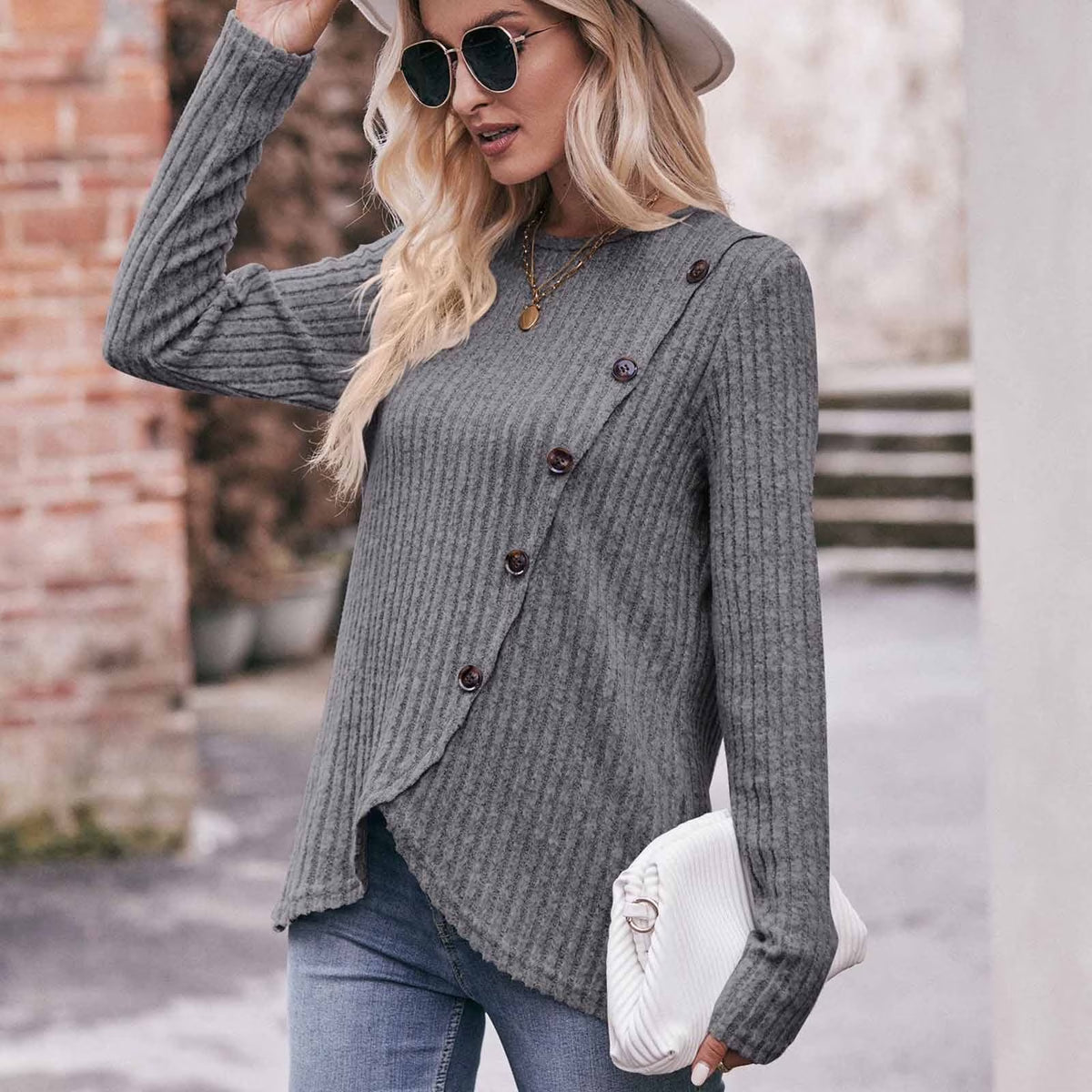 Long Sleeve Shirts for Women Knit round Neck Button Dressy Solid Color Sweater Blouse Autumn Lightweight Casual Tunic Tops Gray XL