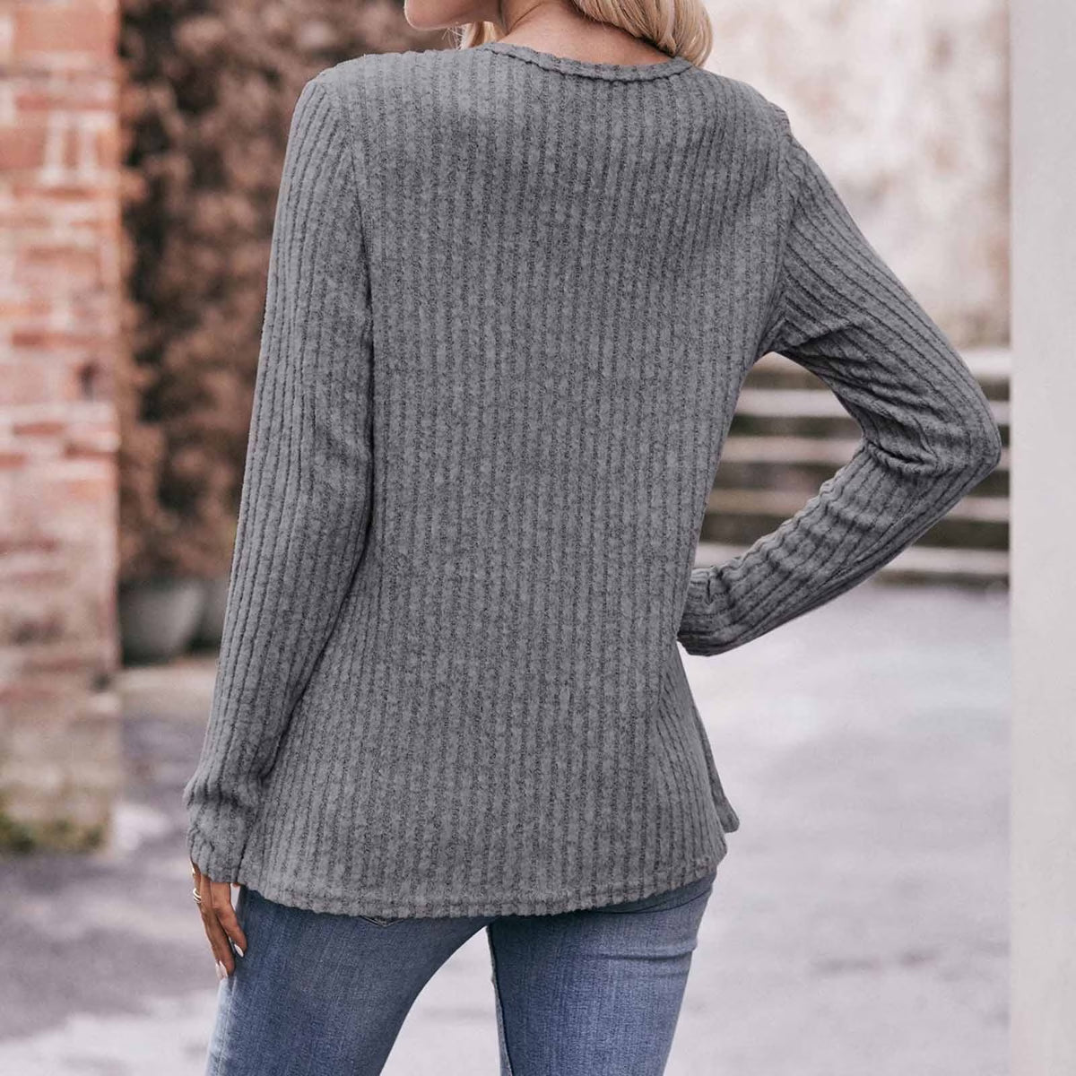 Long Sleeve Shirts for Women Knit round Neck Button Dressy Solid Color Sweater Blouse Autumn Lightweight Casual Tunic Tops Gray XL
