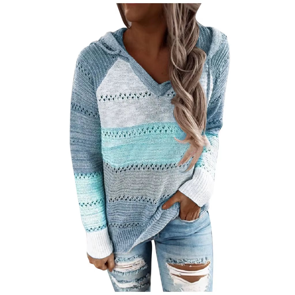 Plus Size 5XL Autumn Winter Women'S Pullover Fashion Patchwork Long Sleeve Knit Sweater Tops Women Crochet Hollow Hooded Sweater
