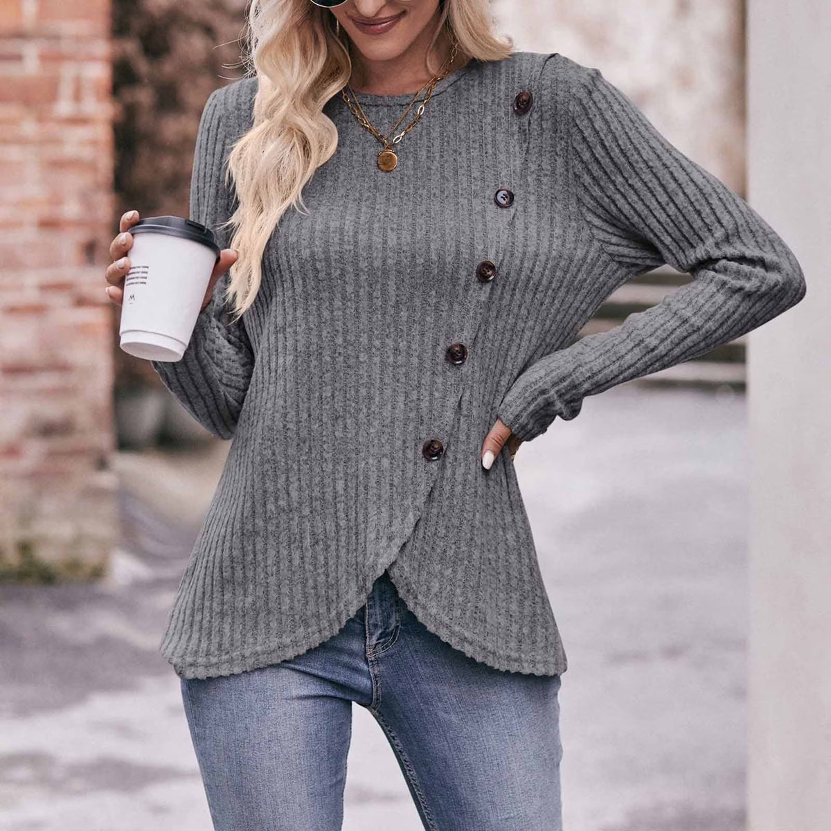 Long Sleeve Shirts for Women Knit round Neck Button Dressy Solid Color Sweater Blouse Autumn Lightweight Casual Tunic Tops Gray XL
