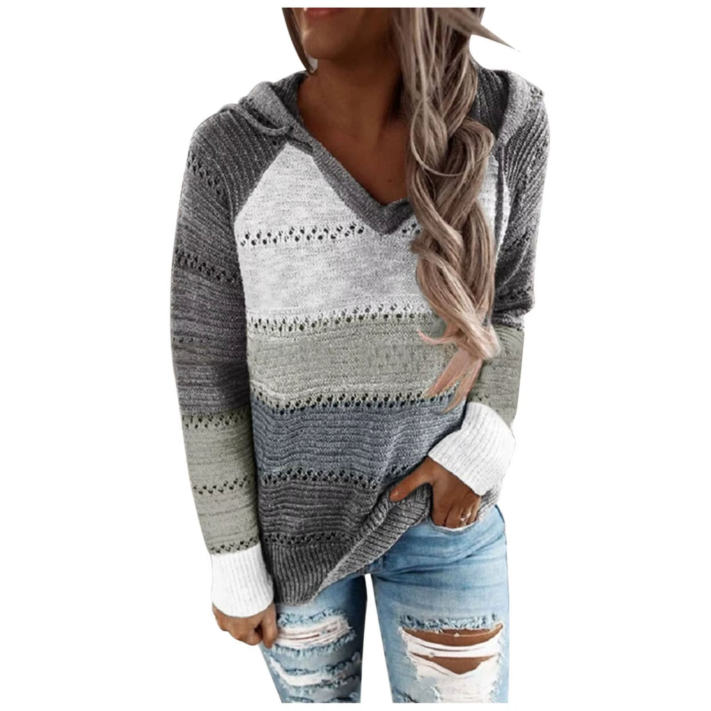 Plus Size 5XL Autumn Winter Women'S Pullover Fashion Patchwork Long Sleeve Knit Sweater Tops Women Crochet Hollow Hooded Sweater
