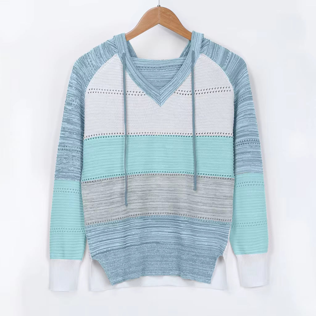 Plus Size 5XL Autumn Winter Women'S Pullover Fashion Patchwork Long Sleeve Knit Sweater Tops Women Crochet Hollow Hooded Sweater