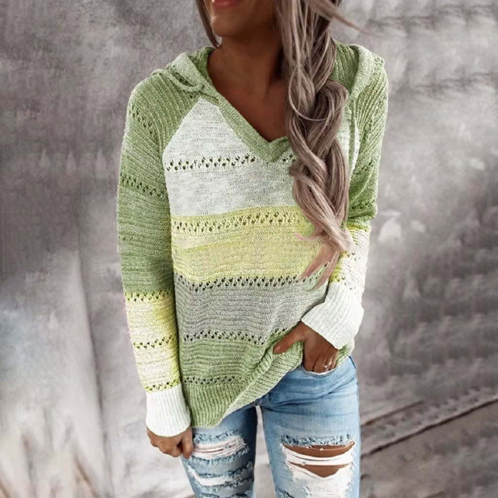 Plus Size 5XL Autumn Winter Women'S Pullover Fashion Patchwork Long Sleeve Knit Sweater Tops Women Crochet Hollow Hooded Sweater