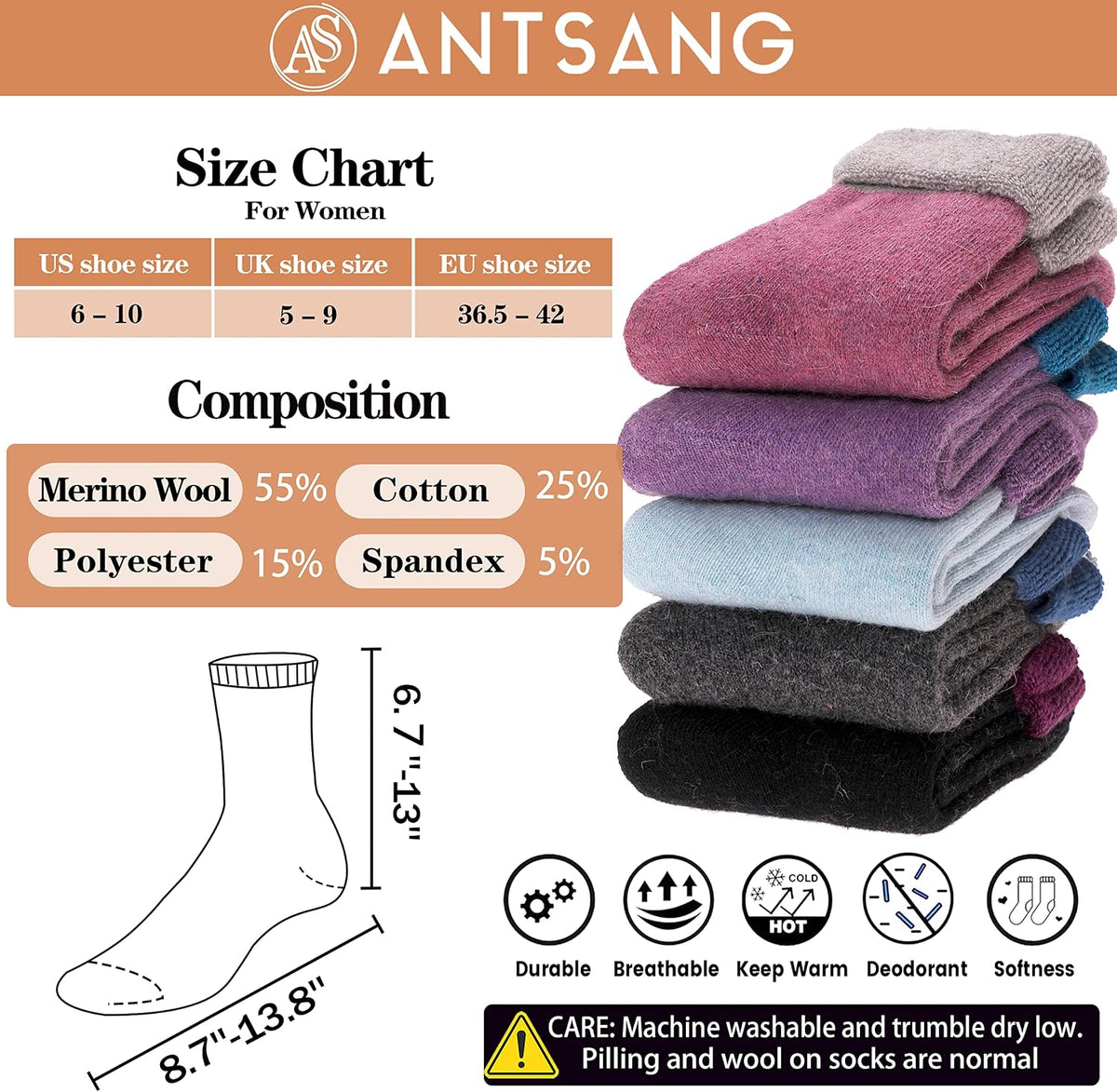 Merino Wool Socks for Women Hiking Thermal Warm Thick Winter Boot Crew Cozy Cabin Work Soft Ladies Socks 5 Pairs